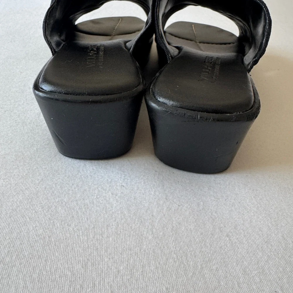Liz Claiborne Black Wedge Sandals Size 7.5 Fabric Crossover Chunky Slide 90s Y2K